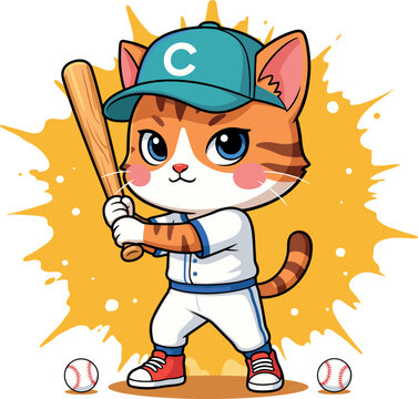 Cute cartoon cat baseball player holding a bat with yellow splash background vector illustration