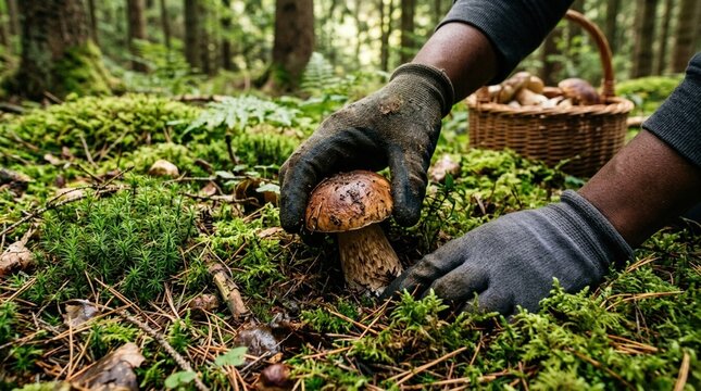 Person wearing gloves harvesting edible mushroom in a lush green forest with a wicker basket filled with mushrooms visible in the background