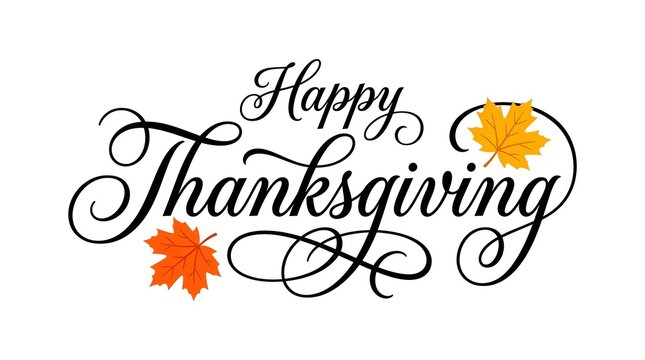 Elegant happy thanksgiving greeting text with decorative autumn leaves isolated on a clean white background for holiday design