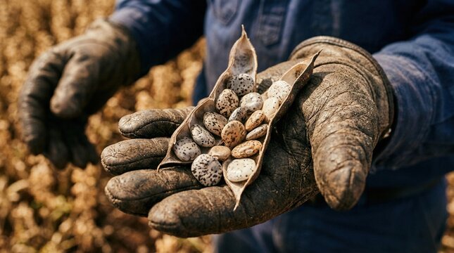 Farmer holding a handful of dried legumes with speckled seeds in a field, wearing protective gloves and a blue shirt, with crops visible in the background