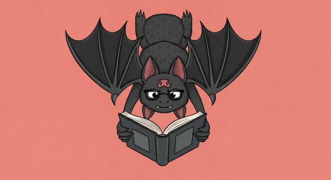 Cute Cartoon Bat with Glasses Reading a Book.