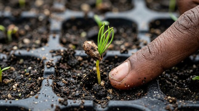 Close-up of a hand gently touching a young green seedling emerging from soil in a seed tray, showcasing the growth process in a gardening context