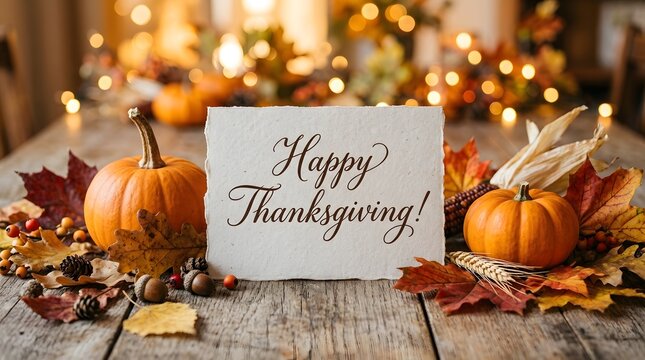 Happy thanksgiving greeting card placed on a rustic wooden table with orange pumpkins and colorful autumn fall leaves