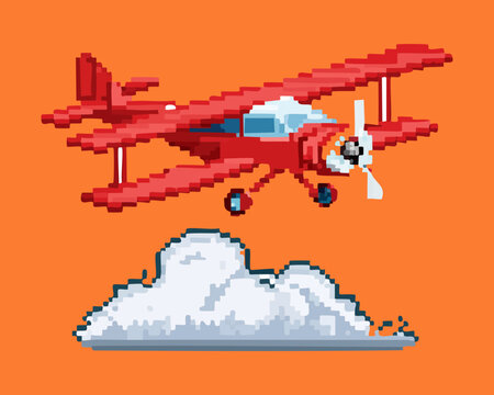 Red vintage biplane propeller aircraft flying over white clouds on orange sky pixel art illustration for retro aviation flight game