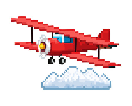 Pixel art classic red propeller biplane soaring through fluffy white clouds for retro flight simulator and aerial combat video game