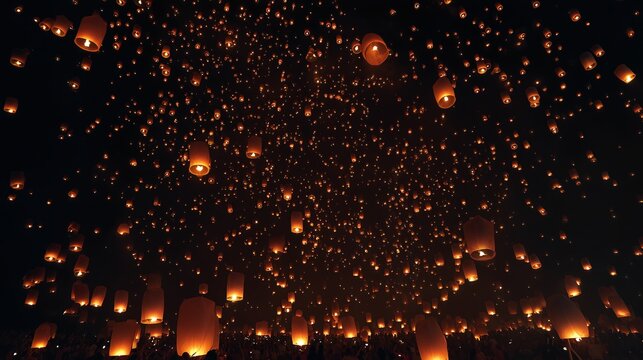 Horizontal view of hundreds of glowing sky lanterns floating into the dark night sky during a lantern festival