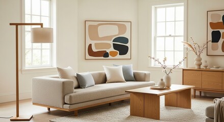 Fototapeta premium Modern Living Room Interior Design with Neutral Tones and Decor.