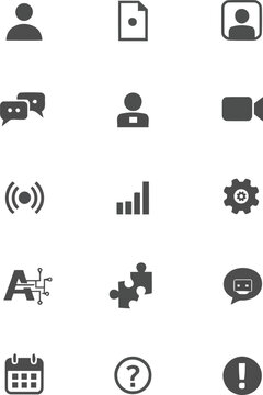 SaaS Interface Vector Icon Set, Flat UI UX Design Icons with User Profile Chat Bubbles Video Camera Analytics Chart Settings Gear AI Chatbot Calendar Puzzle Piece Help and Alert Symbols