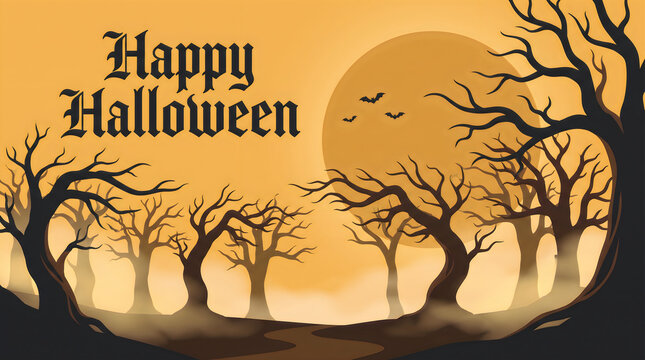 A spooky orange background featuring creative halloween typography with silhouetted bare trees and a large full moon for holiday designs