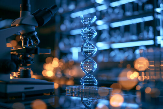 A glowing digital DNA strand stands next to a microscope in a laboratory setting. This image represents genetic research and biotechnology innovation.