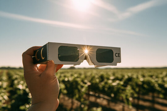 A hand holds cardboard solar eclipse glasses up to a bright sunny sky over a vineyard. Perfect for astronomy events and safe viewing concepts.