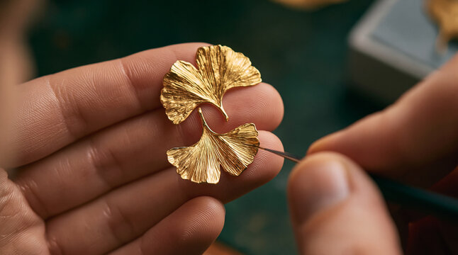 A jeweler carefully finishing fine gold ginkgo leaf jewelry held in hands. This craft scene showcases artisanal attention to detail in high-end jewelry design.