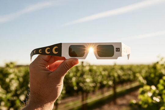 A hand holds solar eclipse glasses up to the sun in a vineyard. This represents safe observation during a celestial event for science education.