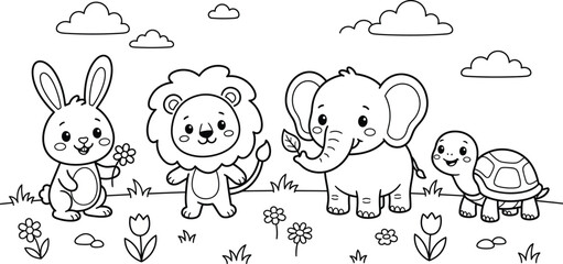 Fototapeta premium Charming illustration of baby animals walking in a field under a cloudy sky