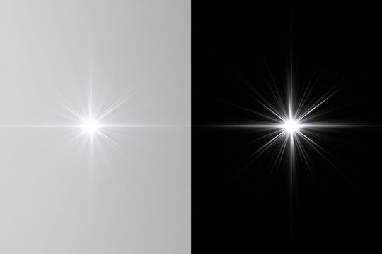 Bright glowing star burst with dynamic rays shining brightly against split dark and light background. Use this graphic element for digital design overlays.