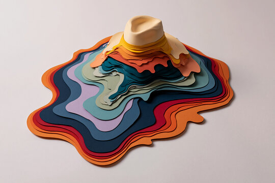 A fedora hat sits atop stacked colorful paper layers creating a topographical map effect isolated on white background. Creative concept for travel design.