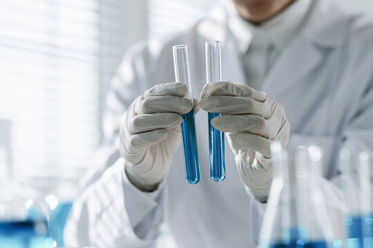 A scientist in a white coat and gloves holding blue liquid test tubes in a bright laboratory. Useful for medical research and pharmaceutical development concepts.