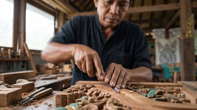 A mature craftsman carefully carves ornate patterns into a piece of natural mahogany timber using handheld chisels inside his rustic workshop as he preserves traditional woodworking heritage