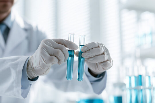 A scientist in a laboratory holds two glass test tubes filled with blue chemical liquid. Conceptual image for scientific research, medical development, and chemistry experiments.