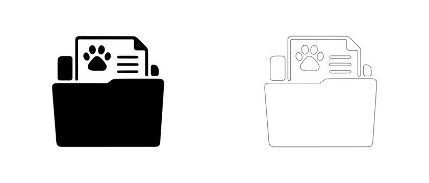 Pet document folder record vector icon filled and outline, animal file archive and legal dossier symbol.