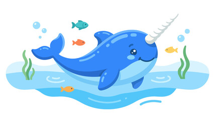 Cute Narwhal Swimming in Ocean with Fish, Cartoon Illustration © wapa
