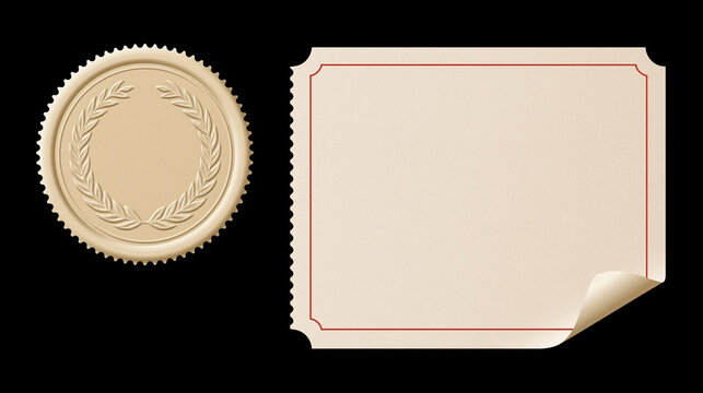 Classic empty postage stamp and round wax seal sticker isolated on black background. Ideal for vintage certificate templates and authentic branding design.