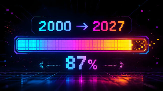 Futuristic colorful loading bar animation with 2000 to 2027 New Year text transition. Progress bar moves from 2000 to 2027 with smooth percentage animation. Pixelated loading bar icon