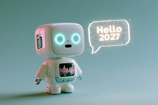 A cute white robot stands against a teal background, displaying a glowing speech bubble with the text Hello 2027. Use this futuristic technology concept for New Year celebrations.