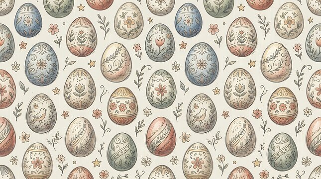 Seamless nostalgic spring motif featuring artistically illustrated ornamental eggs in playful pencil stroke aesthetic over a soft neutral canvas. Ideal for backdrops fabric design gift wrap wall