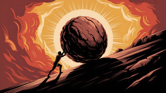 A Digital Illustration of Sisyphus Pushing a Massive Boulder Uphill Against a Glowing Sunset Sky