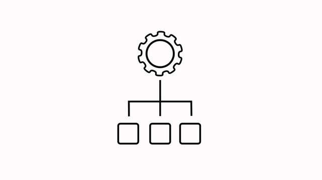 Automated management system gear connecting to three organizational boxes representing animation on white background. Process structure line icon. Workflow optimization technology process animation