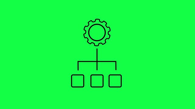 Automated management system gear connecting to three organizational boxes representing animation on green background. Process structure line icon. Workflow optimization technology process animation