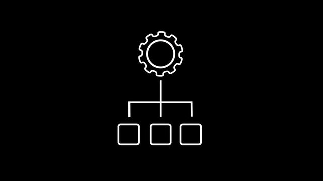 Automated management system gear connecting to three organizational boxes representing animation on black background. Process structure line icon. Workflow optimization technology process animation