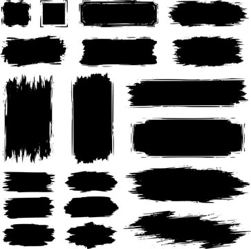 Paint brush strokes. Black vector rough edge rectangles. Grunge square frames set. Jagged edge torn paper background collection. Grungy distressed text boxes. Transparent background EPS version.