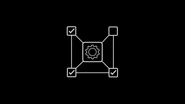 Gear with check boxes and connect line animation on black background. Streamlined operations and business productivity. Gear icon and check mark animation for task automation and work flow concept