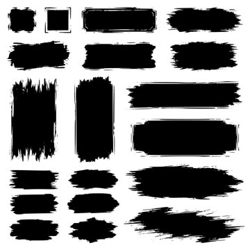 Paint brush strokes. Black vector rough edge rectangles. Grunge square frames set. Jagged edge torn paper background collection. Grungy distressed text boxes. Transparent background SVG version.