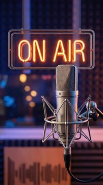 Dynamic broadcast environment: on air, podcast session, live stream, record voice, studio microphone, audio equipment, professional setup, sound wave, digital content, media creation.