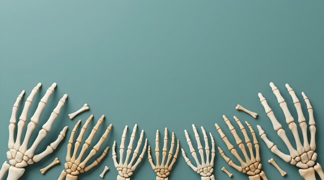 Human skeleton hands arranged in a row on a solid green background for Halloween design