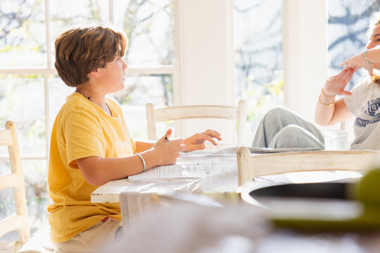 13 year old boy doing homework with older sister looking on in light filled room