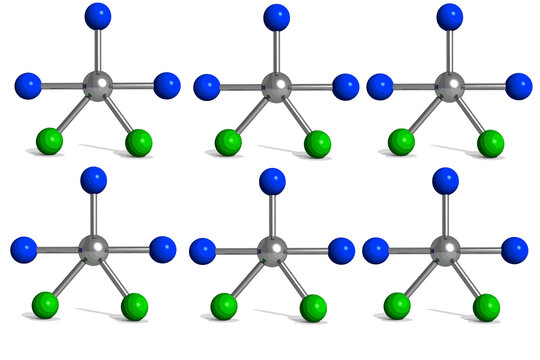 3D molecular structure model of polymer chain with branching nodes and spheres in blue and green