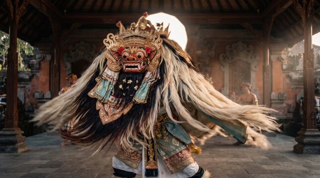 A performer wearing an ornate mask with long flowing hair dances in a traditional temple courtyard during an ancient ritual to celebrate culture and heritage in southeast asia within daily life