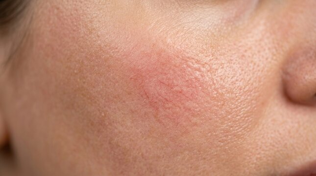 Facial skin inflammation: rosacea redness, cosmetic dermatology, vascular flush, dermal pore, epidermis tissue, capillary symptom, cheek texture, erythema lesion.