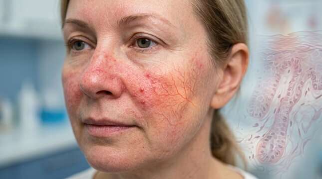 Epidermal rosacea diagnosis: cosmetic dermatology, vascular erythema, facial couperose, skin inflammation, capillary redness, cheek flush, dermatological examination.