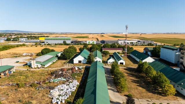 Aerial view of an industrial and agricultural facility featuring green-roofed buildings, a tall communication tower, and surrounding golden fields in Indjija, Vojvodina, Serbia.
