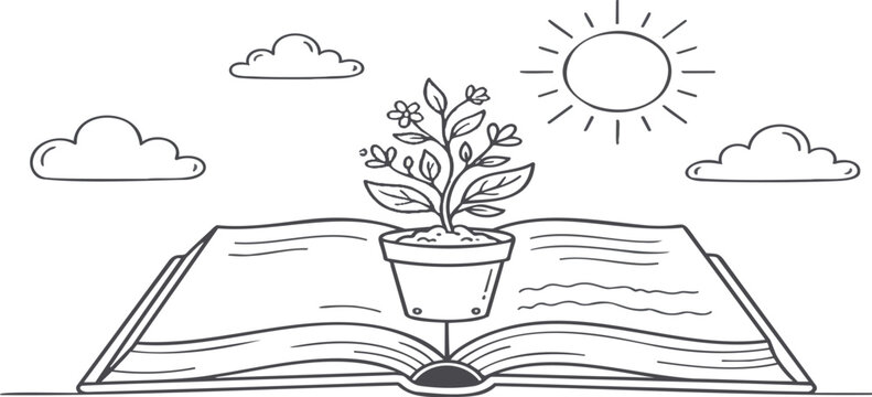 Open book with growing plant symbolizing education and growth. Continuing professional development concept, e-learning illustration, scholastic achievement, knowledge expansion, study ideas