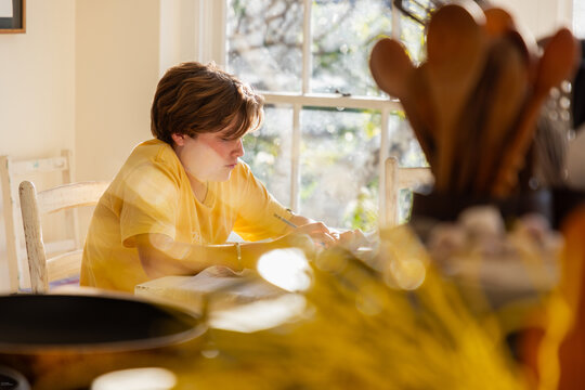 13 year old boy doing geometry homework in light filled room