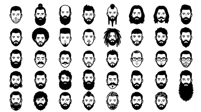 Men's faces set with diverse hairstyles featuring beards, mustaches, short hair, long hair, shaved heads with facial hair and various haircuts