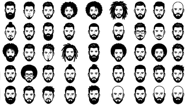Men's Faces set with diverse hairstyles featuring short hair, long hair, beard, mustache, goatee with clean shaven and afro