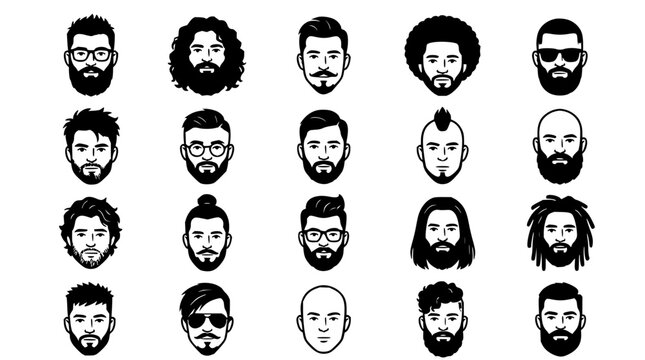Men's hairstyles set with diverse facial hair featuring short hair, long hair, goatee, mustache, beard with buzz cut and undercut