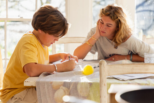 13 year old boy doing homework with older sister looking on in light filled room